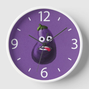 Funny Eggplant Cartoon Cute Vegetable Purple Clock