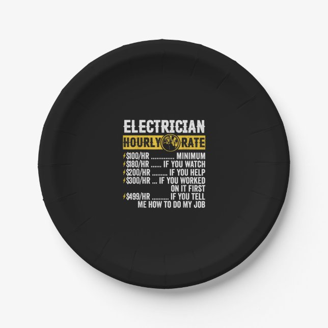 Funny  Electrician Apparel, Hourly Rate Men Paper Plate (Front)
