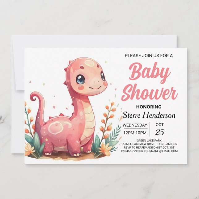 Funny Elegant Custom Dinosaur Girl Baby Shower Invitation (Front)