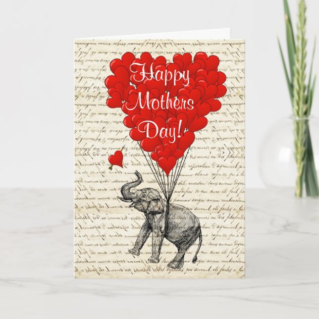 Funny elephant and love heart mothers day card (Front)
