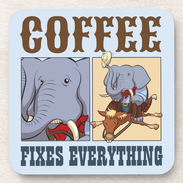 Funny Elephant Coffee Fixes Everything Cartoon Coaster (Front)