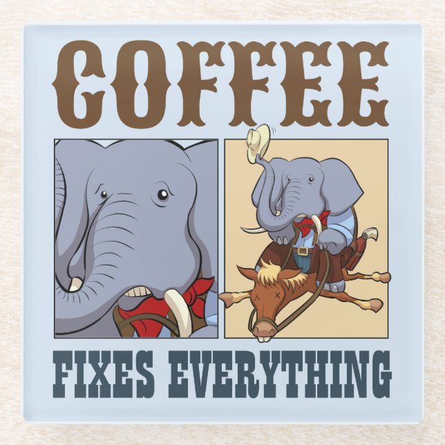 Funny Elephant Coffee Fixes Everything Cartoon Glass Coaster (Front)