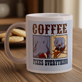 Funny Elephant Coffee Fixes Everything Cartoon Large Coffee Mug