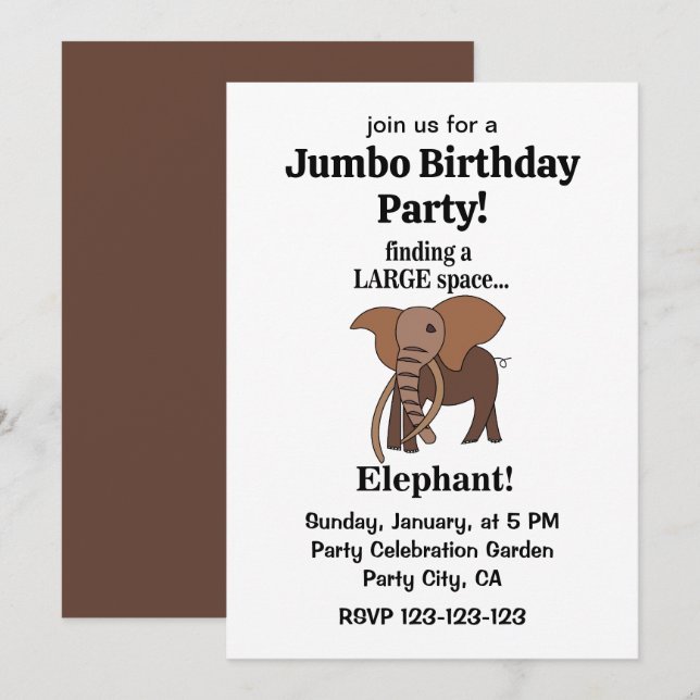 Funny Elephant Jumbo Birthday Party Invitation (Front/Back)