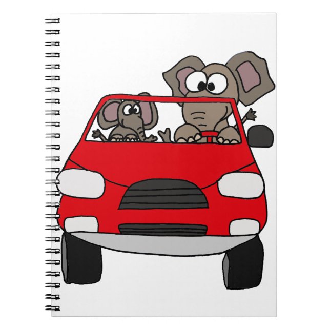 Funny Elephants in Red Car Notebook (Front)