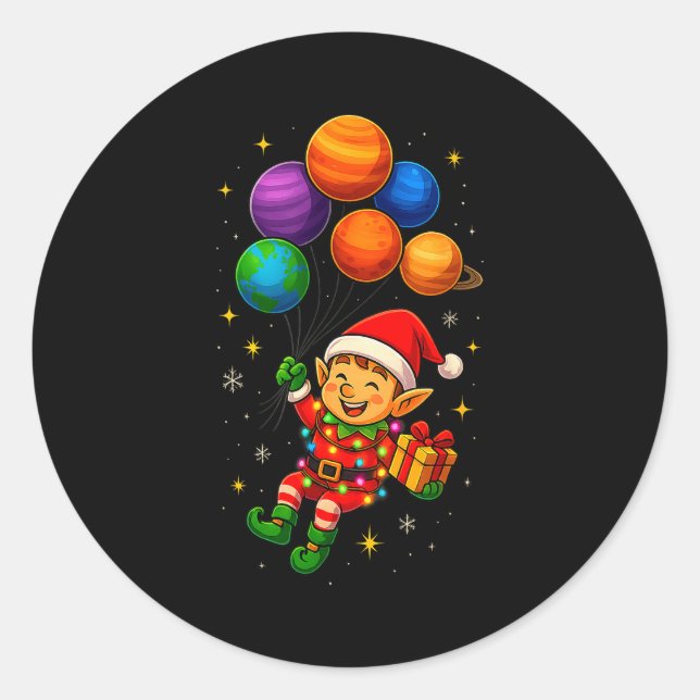 Funny Elf Astronaut With Planets Christmas Pjs For Classic Round Sticker (Front)