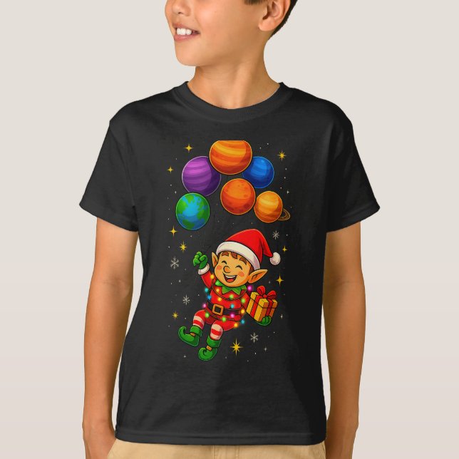 Funny Elf Astronaut With Planets Christmas Pjs For T-Shirt (Front)