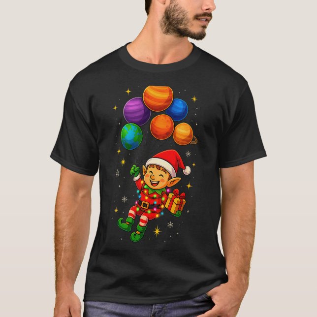 Funny Elf Astronaut With Planets Christmas Pjs For T-Shirt (Front)