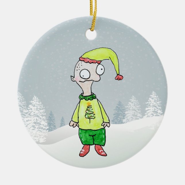 Funny Elf  Ceramic Ornament (Front)