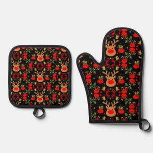 Funny Elf Christmas Wrapping Oven Mitt & Pot Holder Set