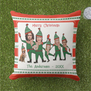 Funny Elf Family of Five Dog Red Green Christmas Cushion