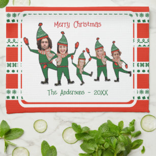 Funny Elf Family of Five Photo Red Green Christmas Tea Towel
