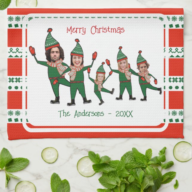 Funny Elf Family of Five Photo Red Green Christmas Tea Towel (Folded)