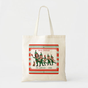 Funny Elf Family of Six Dog Red Green Christmas Tote Bag