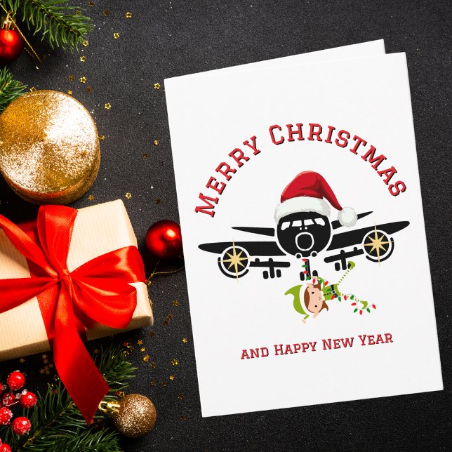 Funny Elf jumping on Airplane & Photo Custom Xmas Card (Creator Uploaded)