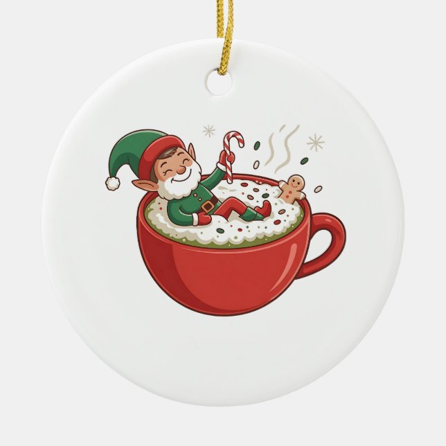 Funny Elf Taking Bathub on Matcha Drink  Ceramic Ornament (Front)