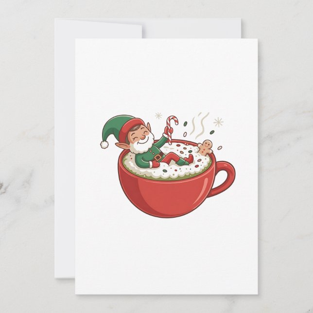 Funny Elf Taking Bathub on Matcha Drink  Holiday Card (Front)