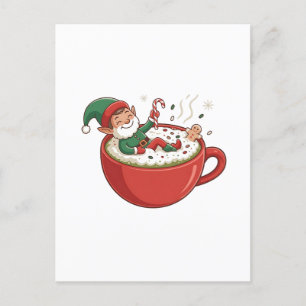 Funny Elf Taking Bathub on Matcha Drink Holiday Postcard