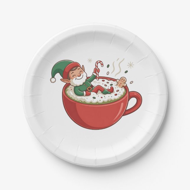 Funny Elf Taking Bathub on Matcha Drink  Paper Plate (Front)