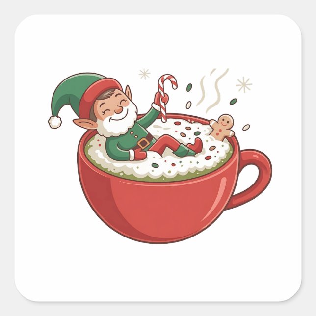 Funny Elf Taking Bathub on Matcha Drink  Square Sticker (Front)