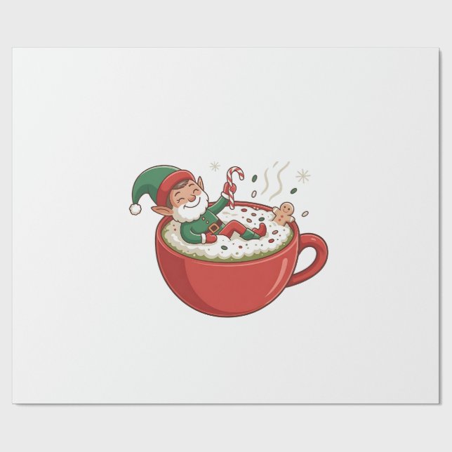 Funny Elf Taking Bathub on Matcha Drink  Wrapping Paper (Flat)