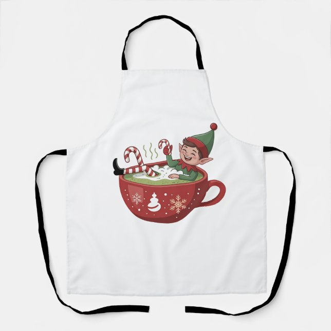 Funny Elf Taking Matcha Bathub Christmas Apron (Front)