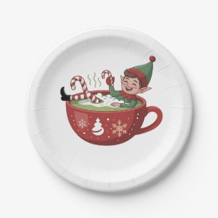 Funny Elf Taking Matcha Bathub Christmas Paper Plate