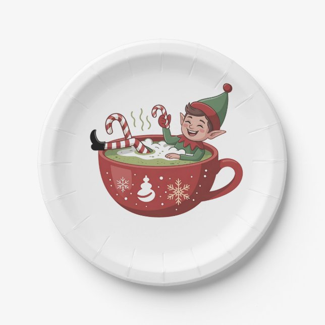 Funny Elf Taking Matcha Bathub Christmas Paper Plate (Front)
