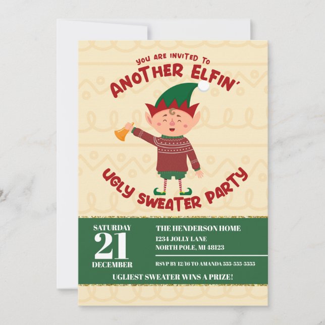 Funny Elfin' Christmas Ugly Sweater Party Invitation (Front)