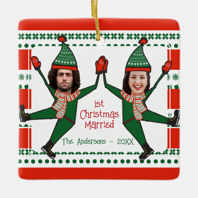 Funny Elves 1st Christmas Married Red Green Custom Ceramic Ornament (Front)