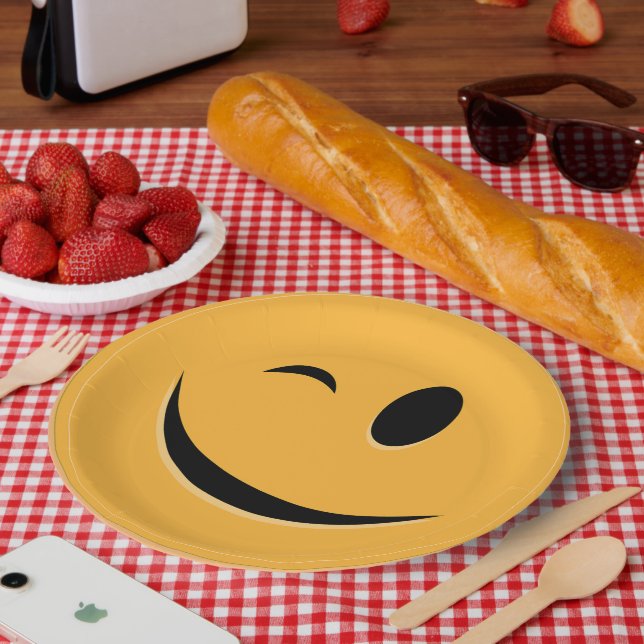 Funny Emoji Wink Smile Laugh Yellow Face Paper Plate (Picnic)