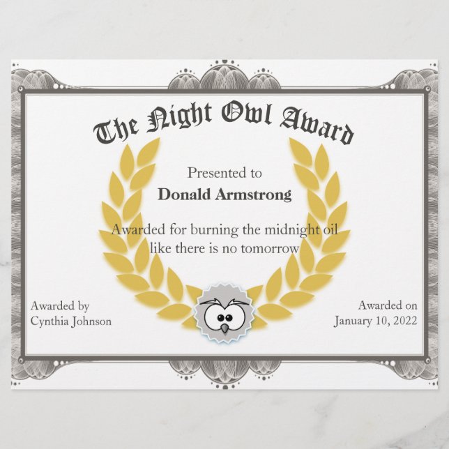 Funny Employee Award - Night Owl (Front)