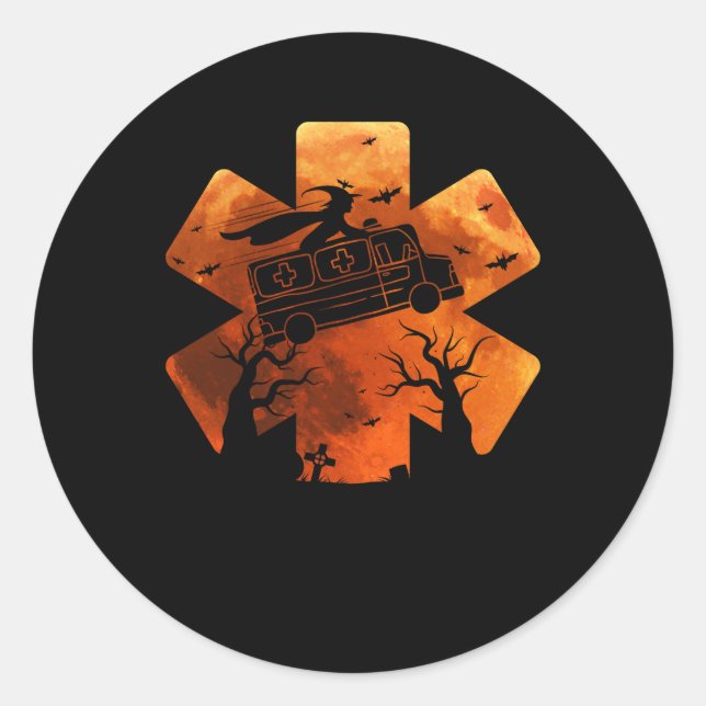 Funny EMT Paramedic EMS Halloween Witch Riding Amb Classic Round Sticker (Front)
