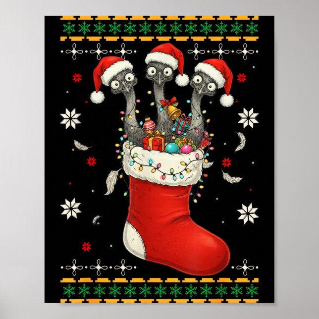Funny Emu Bird In Xmas Socks Lights Christmas  Poster (Front)