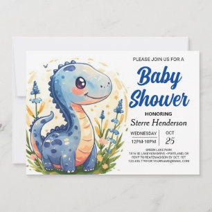 Funny Enchanted Blue Dinosaur Boy Baby Shower Invitation