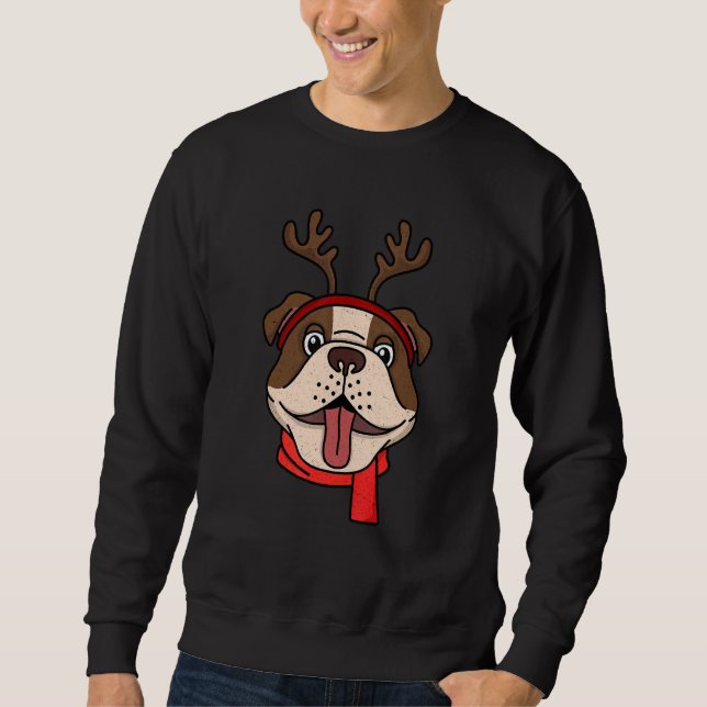 Funny English Bulldog Christmas Reindeer Antlers X Sweatshirt (Front)