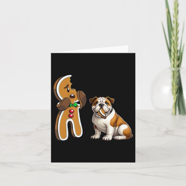 Funny English Bulldog Dog Biting Gingerbread Merry Card (Front)