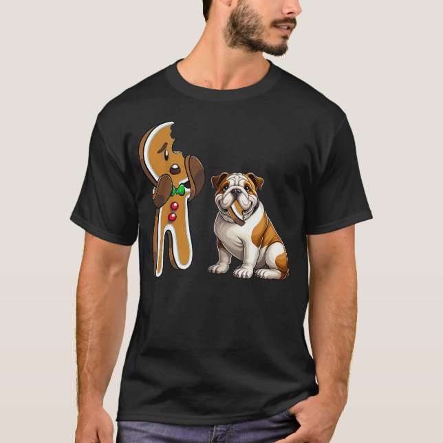 Funny English Bulldog Dog Biting Gingerbread Merry T-Shirt (Front)