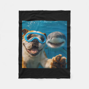 Funny English Bulldog Dog Selfie With Shark Ocean  Fleece Blanket