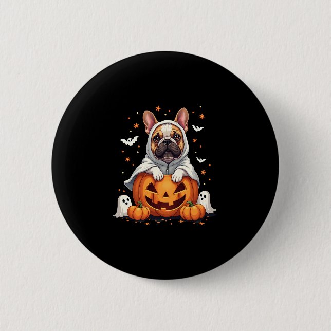 Funny English Bulldog Ghost Boo Halloween Womens M 6 Cm Round Badge (Front)