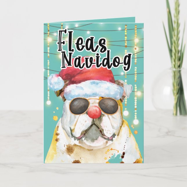 Funny English bulldog in lights happy holidays Card (Front)