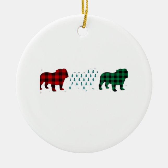 Funny English Bulldog Red Plaid Christmas Dog Love Ceramic Ornament (Front)