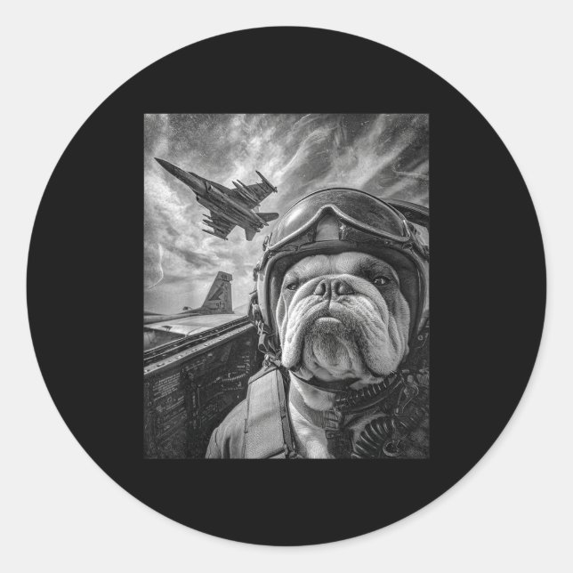 Funny English Bulldog Selfie Fighter Jet Lot Aviat Classic Round Sticker (Front)