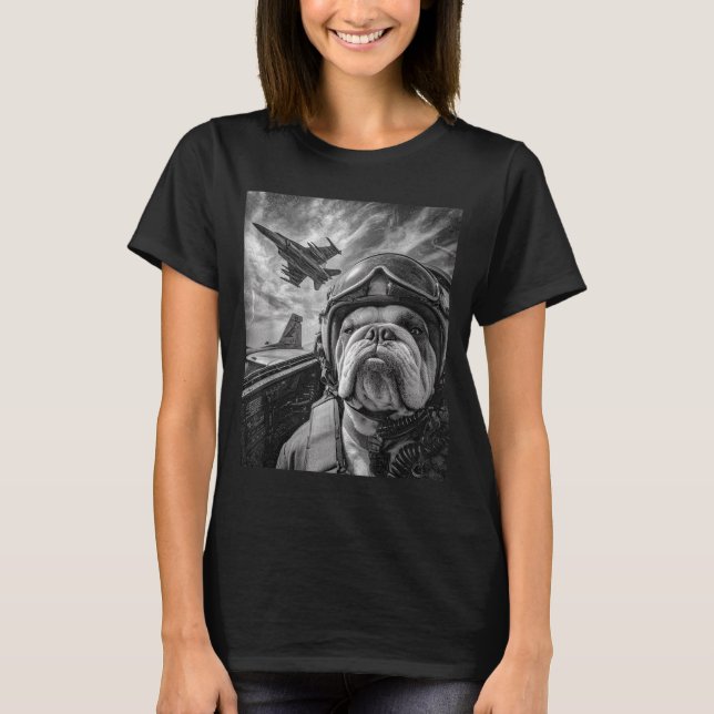 Funny English Bulldog Selfie Fighter Jet Lot Aviat T-Shirt (Front)