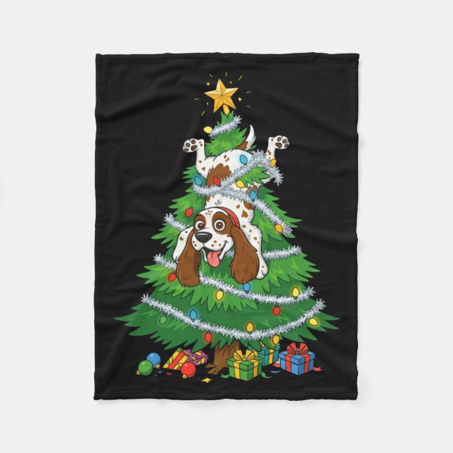 Funny English Springer Spaniel Dog Christmas Tree  Fleece Blanket (Front)