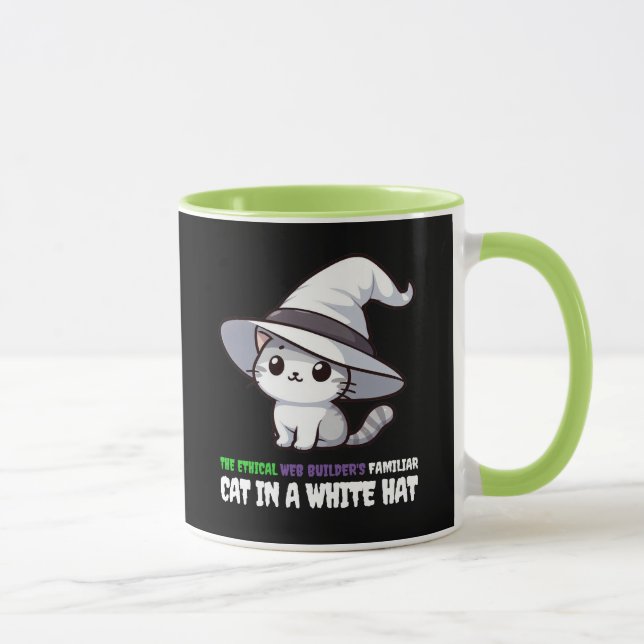 Funny Ethical Web Builder's Familiar White Hat Cat Mug (Right)