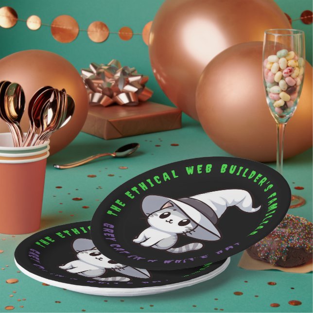 Funny Ethical Web Builder's Familiar White Hat Cat Paper Plate (Multi)