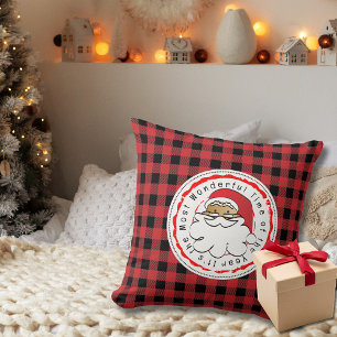 Funny Ethnic Santa Cartoon Red Black Buffalo Plaid Cushion