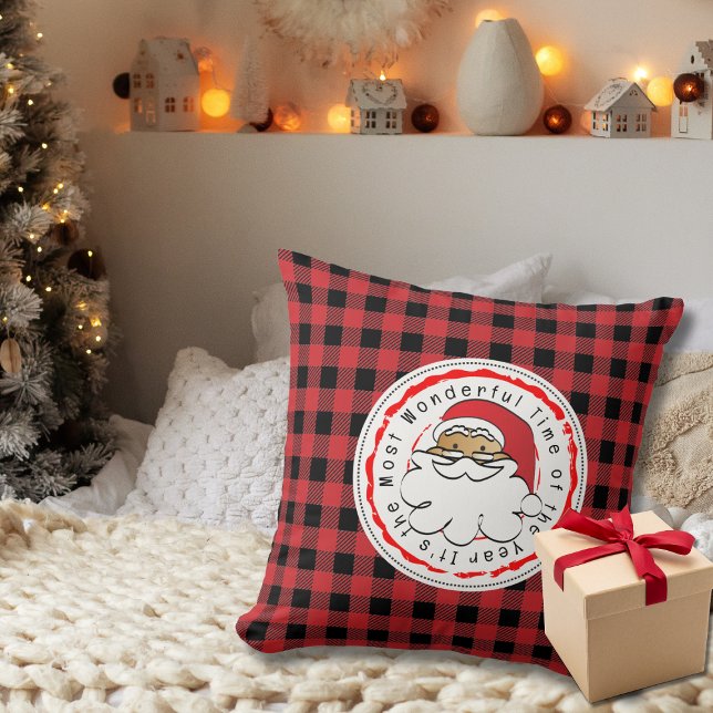Funny Ethnic Santa Cartoon Red Black Buffalo Plaid Cushion (Creator Uploaded)