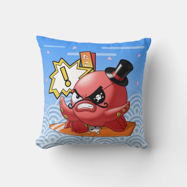 Funny Evil Octopus with Moustache and Seigaiha Cushion (Front)